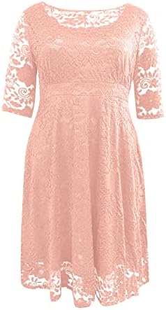 שמלות שקיעה של Fragarn לנשים, טמפרמנט נשים שרוול שרוול בן שלושה רבעים שרוול צבע אחיד בצבע אחיד O-צוואר פלוס שמלה בגודל